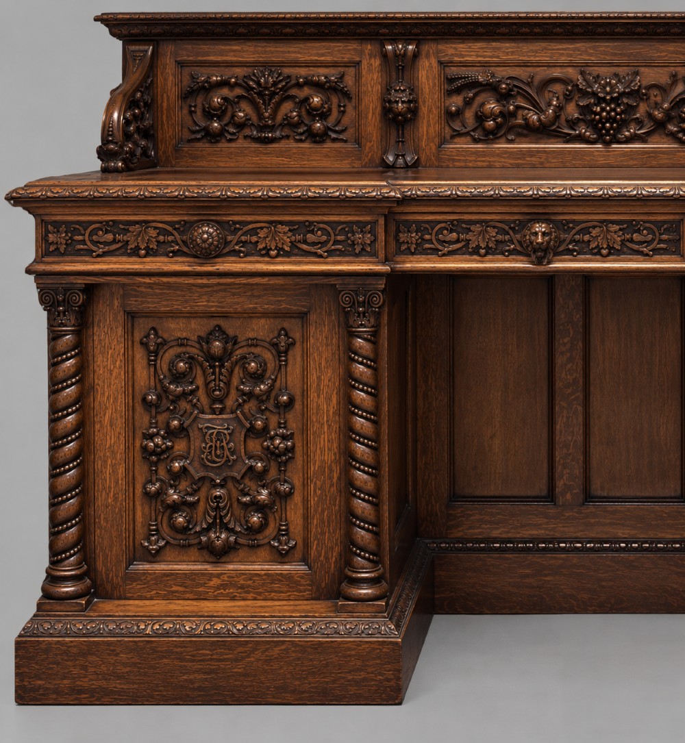 A carved dark oak Victorian sideboard featuring a raised back gallery, relief fruit carvings, barley twist columns, and two pedestal cupboards flanking an open centre. View VII