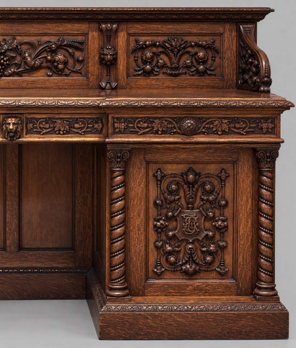 A carved dark oak Victorian sideboard featuring a raised back gallery, relief fruit carvings, barley twist columns, and two pedestal cupboards flanking an open centre. View VIII