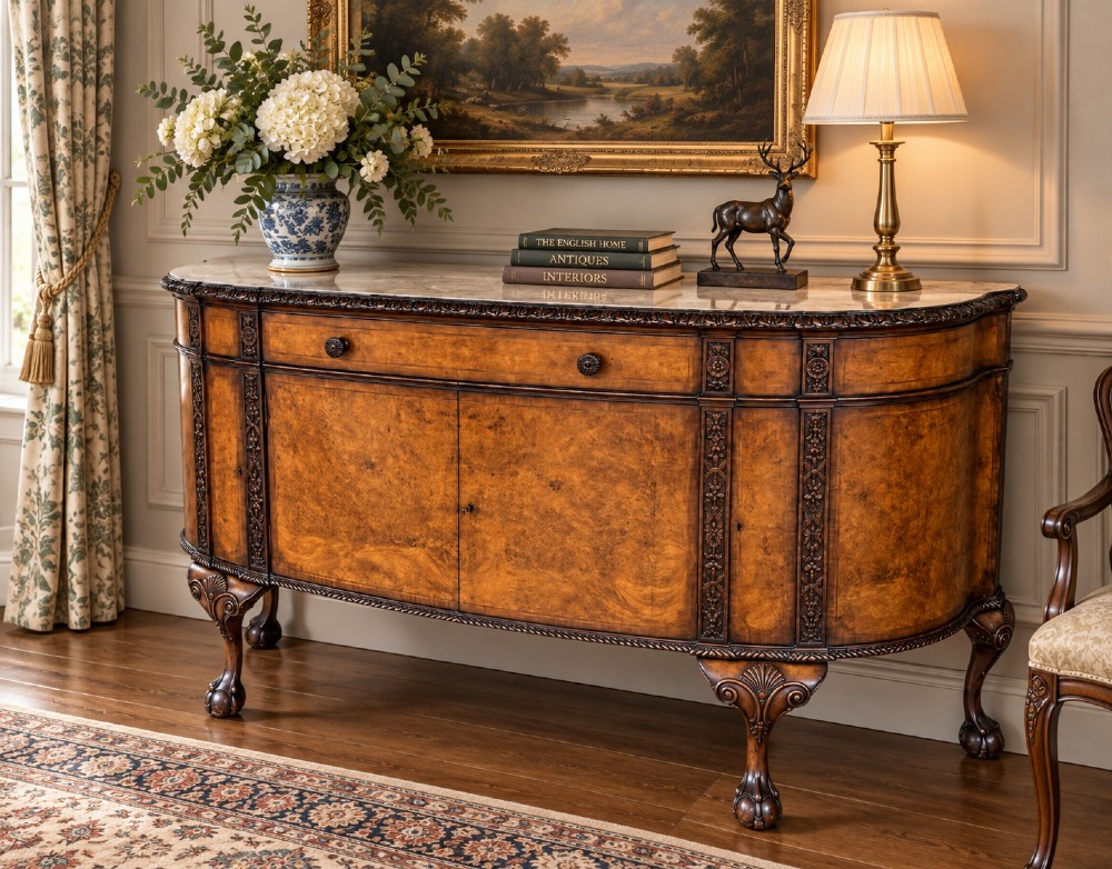 A bow-front burr walnut sideboard with carved pilasters, twin cupboard doors, a top drawer, and four carved cabriole legs ending in ball and claw feet. View X
