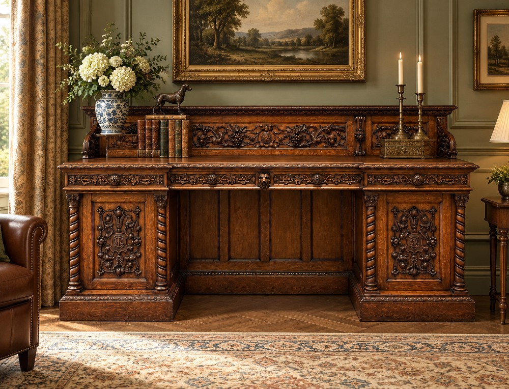A carved dark oak Victorian sideboard featuring a raised back gallery, relief fruit carvings, barley twist columns, and two pedestal cupboards flanking an open centre. View IX