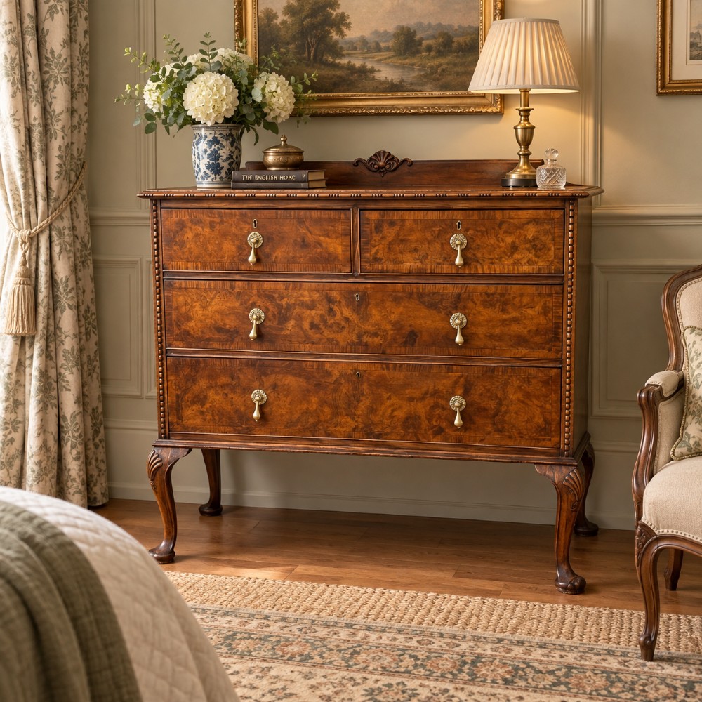 A Queen Anne style burr walnut chest of drawers featuring two short over two long drawers, brass drop handles, and carved cabriole legs. View XIV