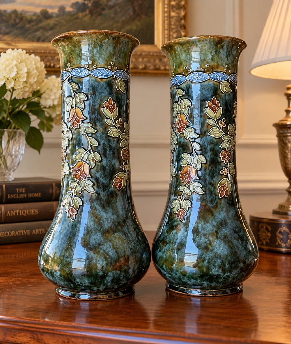 A pair of tall Art Nouveau stoneware vases featuring mottled teal and brown glazes with raised floral and leaf decoration. View III
