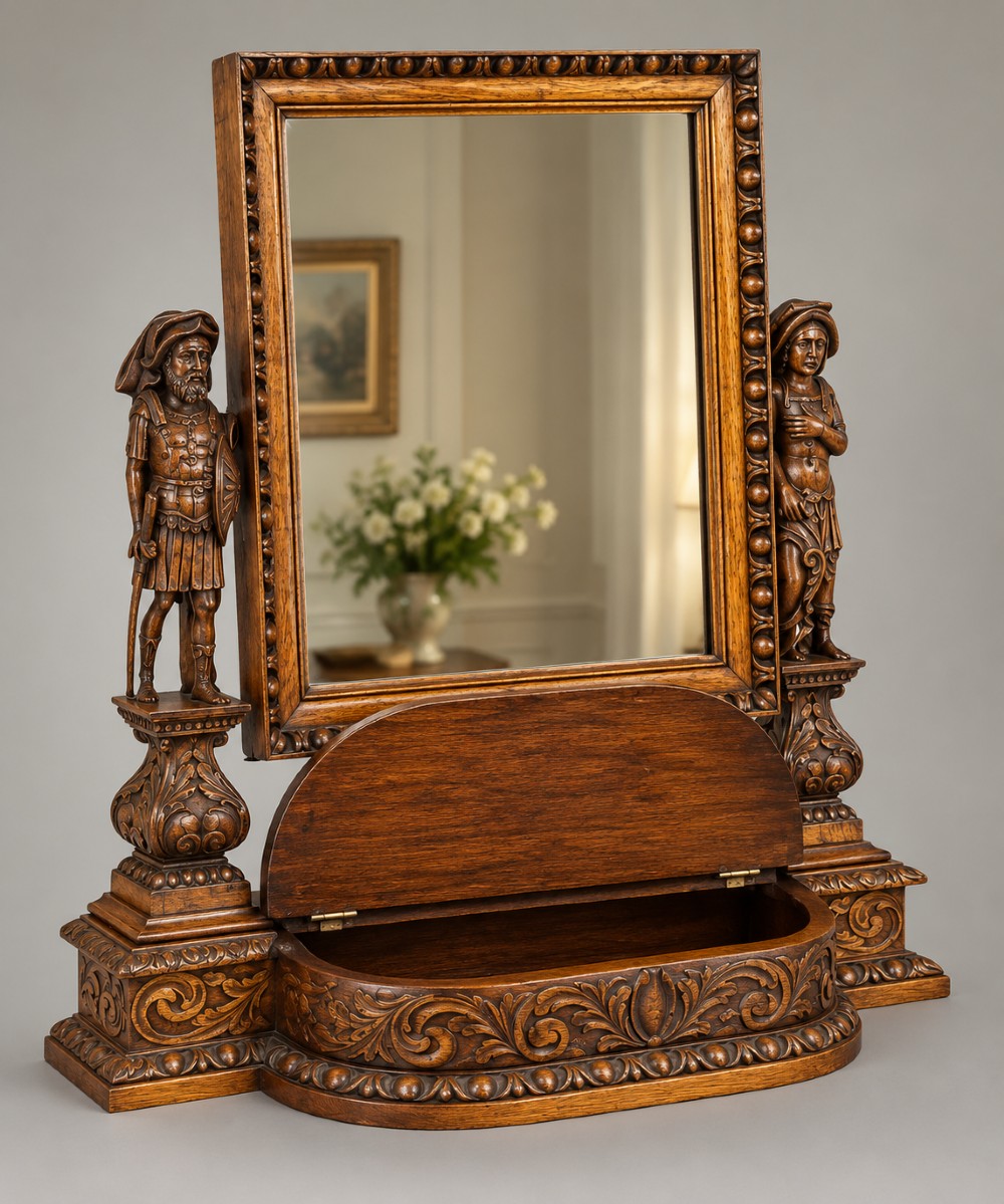 A carved oak dressing mirror featuring a rectangular frame flanked by two carved human figures resting on an ornate plinth base. View III