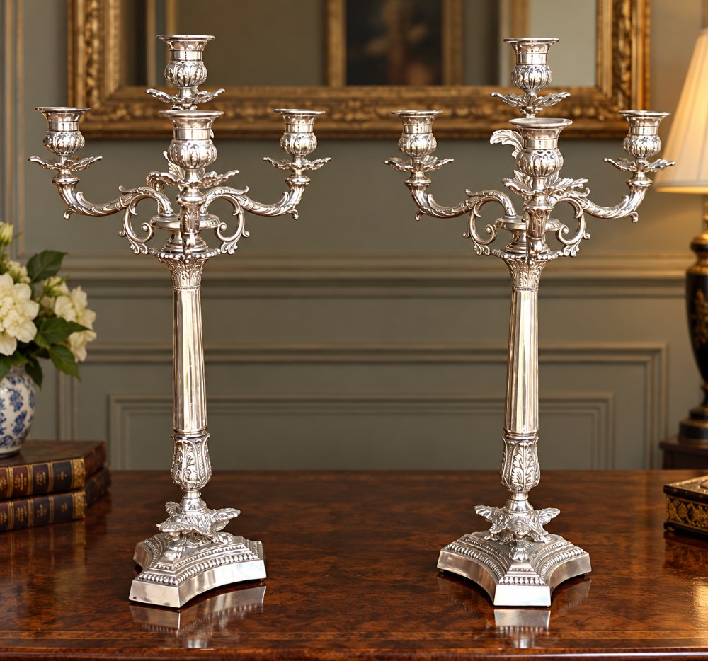 A pair of Victorian silver-plated four-branch candelabras featuring ornate acanthus leaf motifs, fluted columns, and decorative bases. View III