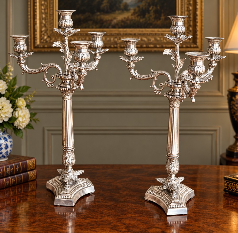 A pair of Victorian silver-plated four-branch candelabras featuring ornate acanthus leaf motifs, fluted columns, and decorative bases.