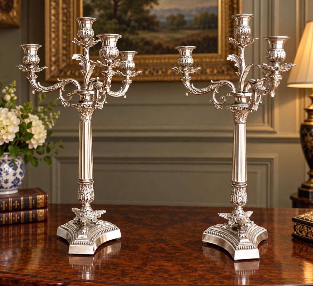 A pair of Victorian silver-plated four-branch candelabras featuring ornate acanthus leaf motifs, fluted columns, and decorative bases. View II