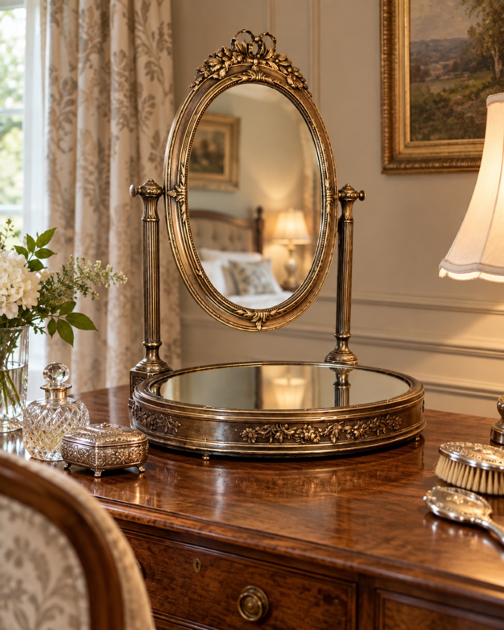 An antique late 19th-century French brass vanity mirror featuring an oval pivoting glass frame adorned with a bow crest, supported by two fluted columns resting on a circular mirrored base. View VII