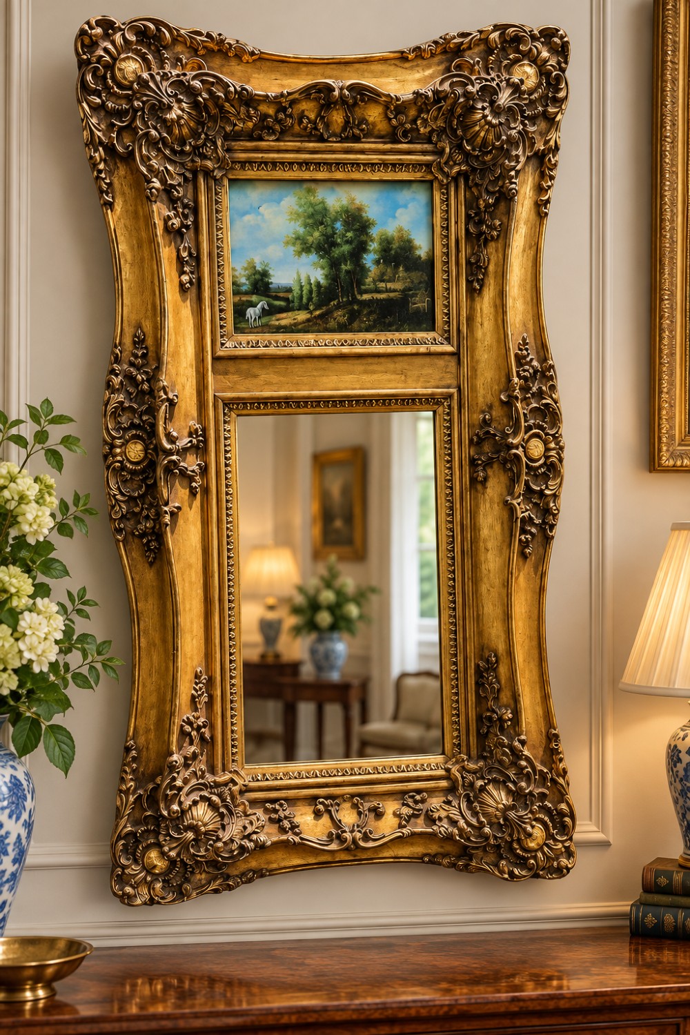 A rectangular giltwood wall mirror featuring an undulating carved frame, a painted landscape scene in the upper panel, and a mirror pane below. View III