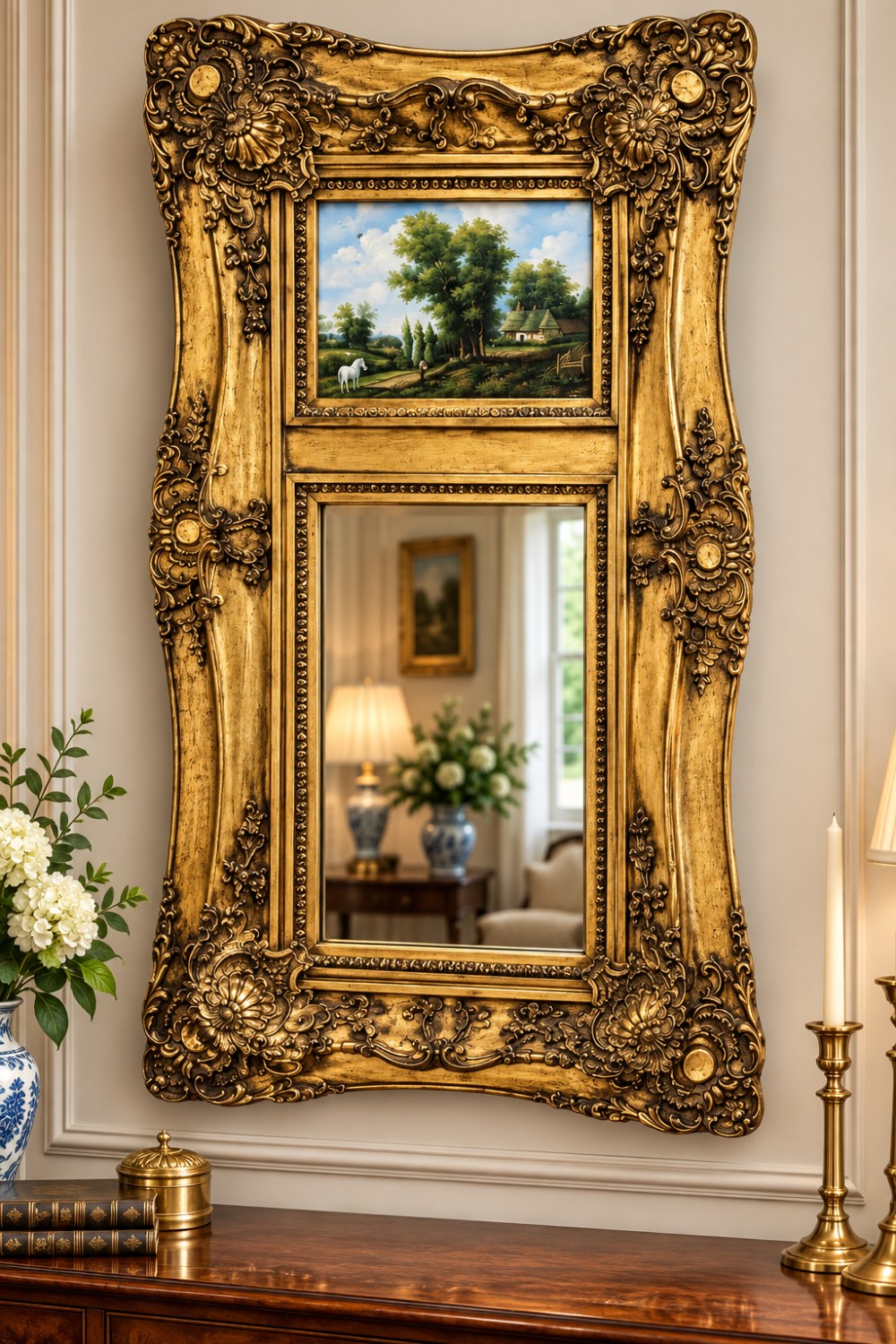 A rectangular giltwood wall mirror featuring an undulating carved frame, a painted landscape scene in the upper panel, and a mirror pane below.