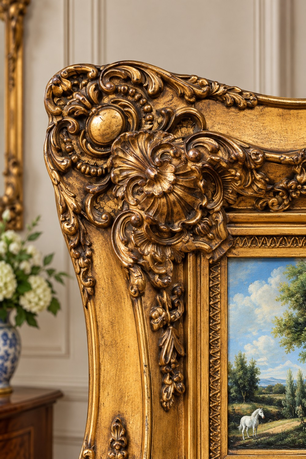 A rectangular giltwood wall mirror featuring an undulating carved frame, a painted landscape scene in the upper panel, and a mirror pane below. View IV