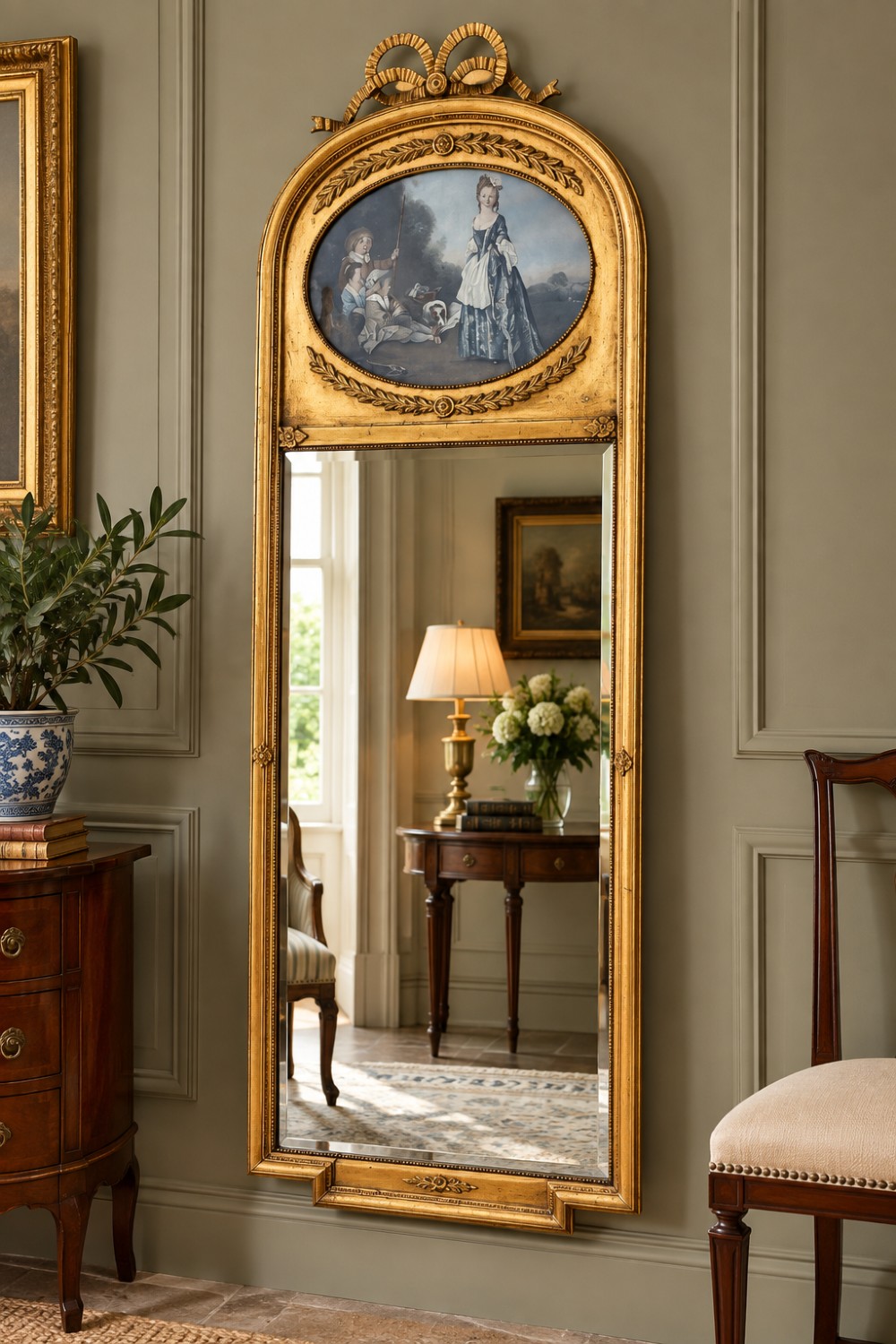 A tall Victorian giltwood pier mirror featuring a carved ribbon bow crest, an oval inset decorative panel at the top, and a rectangular glass mirror plate.