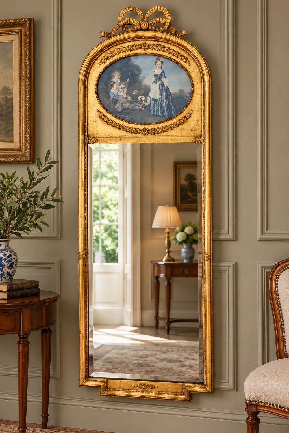 A tall Victorian giltwood pier mirror featuring a carved ribbon bow crest, an oval inset decorative panel at the top, and a rectangular glass mirror plate. View II