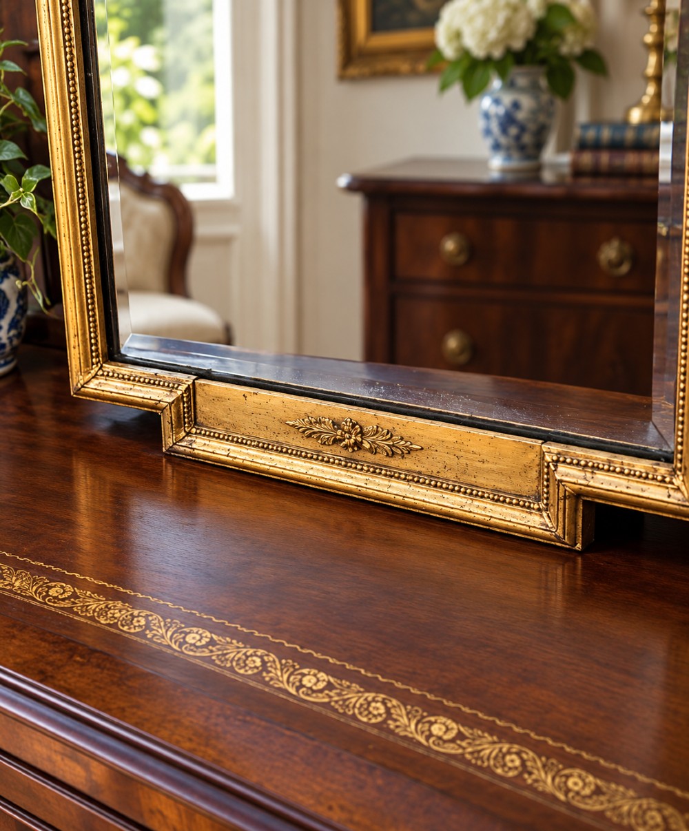 A tall Victorian giltwood pier mirror featuring a carved ribbon bow crest, an oval inset decorative panel at the top, and a rectangular glass mirror plate. View IV
