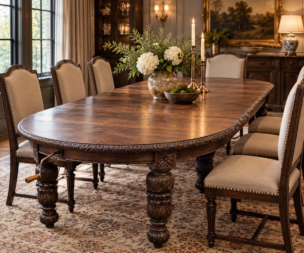 A late 19th-century oak extending dining table featuring a quarter-sawn wood top, carved apron moulding, and turned legs. View VIII