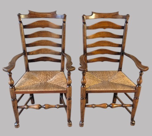 A set of eight dark wood ladderback dining chairs with hand-woven rush seats, including two armchairs and six side chairs. View XI