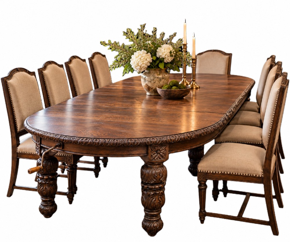 A late 19th-century oak extending dining table featuring a quarter-sawn wood top, carved apron moulding, and turned legs.