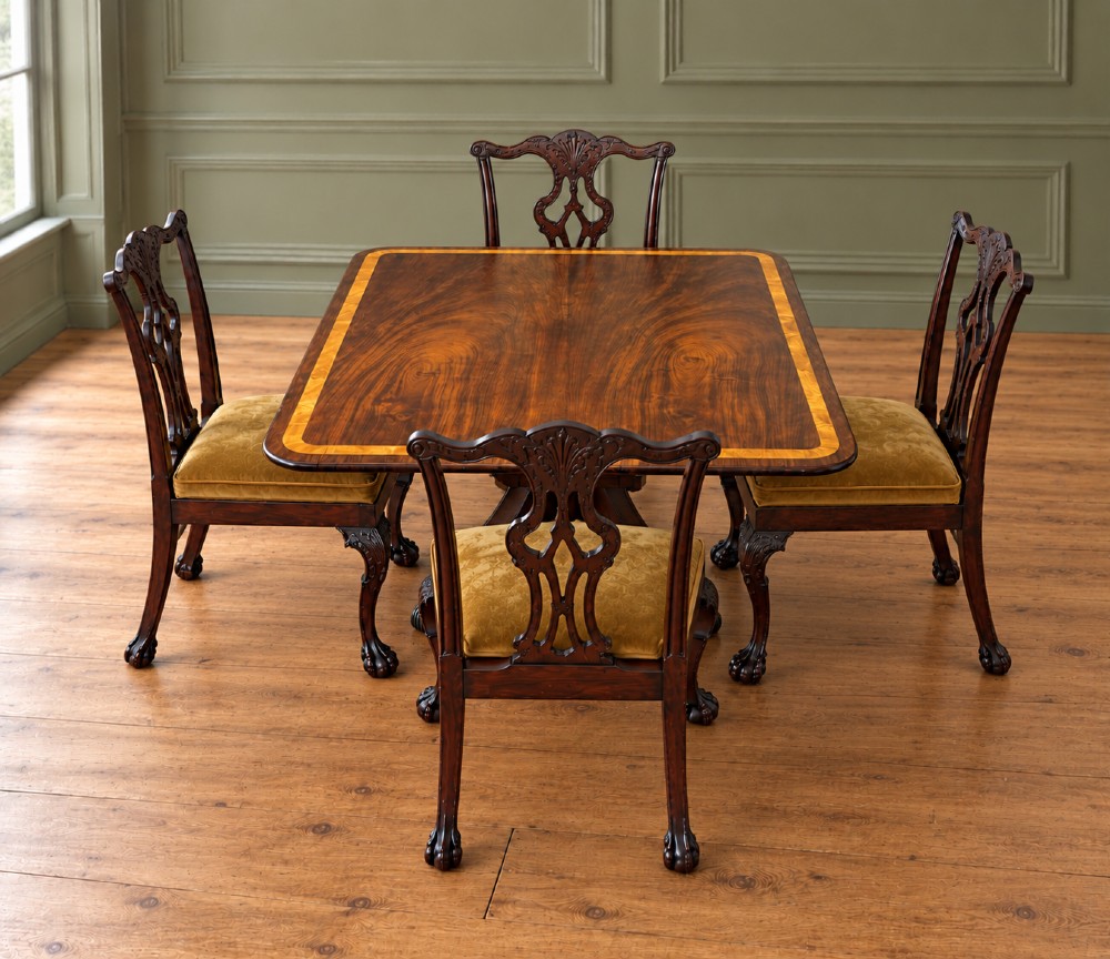 A set of four mahogany Chippendale style dining chairs featuring carved pierced splats, gold-coloured velvet seats, and cabriole front legs with ball-and-claw feet. View VII