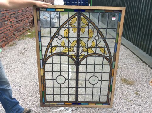 Large Decorative Leaded and Painted Glass Window