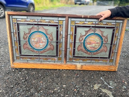 Stained Glass Double Window - Painted Scenes