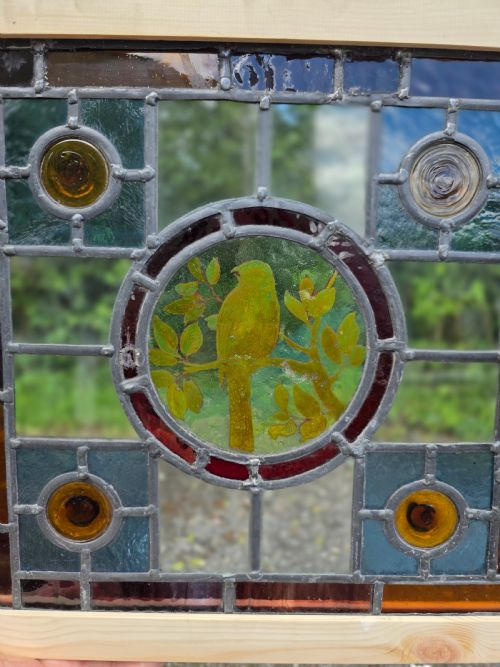 1910 ANTIQUE LEADED GLASS WINDOW AND AMBER BULLSEYES WITH BIRD ON A BRANCH DESIGN - ADDITIONAL PHOTO 1