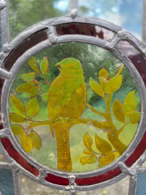 1910 ANTIQUE LEADED GLASS WINDOW AND AMBER BULLSEYES WITH BIRD ON A BRANCH DESIGN - ADDITIONAL PHOTO 2