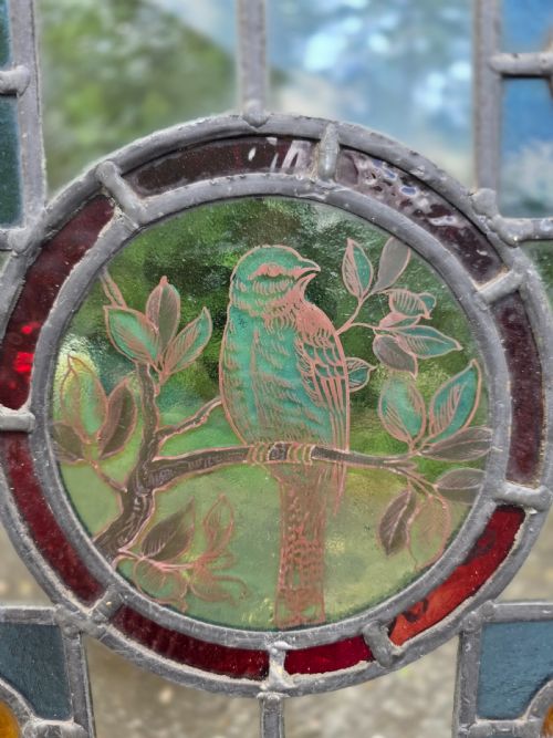 1910 ANTIQUE LEADED GLASS WINDOW AND AMBER BULLSEYES WITH BIRD ON A BRANCH DESIGN - ADDITIONAL PHOTO 4