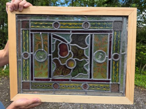 1890 ANTIQUE LEADED GLASS WINDOW WITH CLEAR BULLSEYES AND HAND PAINTED FRUIT DESIGN - ADDITIONAL PHOTO 6