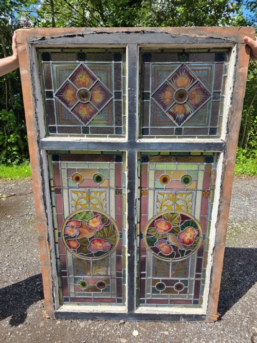1880 Antique Leaded Glass Window with Amber and Green Bullseyes and Birds on Flowers Design
