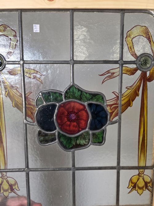 1900 ANTIQUE LEADED GLASS WINDOW WITH HAND PAINTED FLOWERS SWAGS AND BULLSEYES - ADDITIONAL PHOTO 2