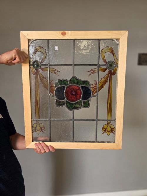 1900 ANTIQUE LEADED GLASS WINDOW WITH HAND PAINTED FLOWERS SWAGS AND BULLSEYES - ADDITIONAL PHOTO 5