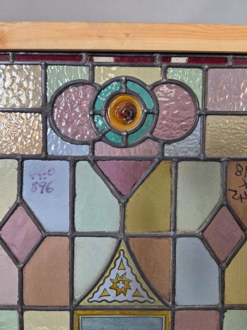 1900 ANTIQUE LEADED GLASS WINDOW WITH HAND PAINTED WINTER SCENE - ADDITIONAL PHOTO 2