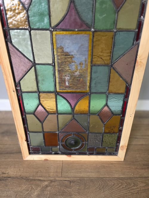 1900 ANTIQUE LEADED GLASS WINDOW WITH HAND PAINTED COUNTRYSIDE SCENE - ADDITIONAL PHOTO 4