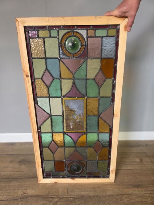 1900 ANTIQUE LEADED GLASS WINDOW WITH HAND PAINTED COUNTRYSIDE SCENE - ADDITIONAL PHOTO 5