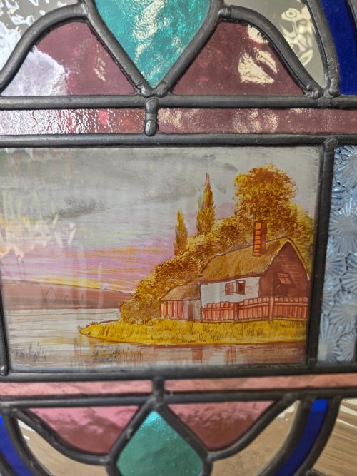 1900 ANTIQUE LEADED GLASS WINDOW WITH HAND PAINTED COUNTRYSIDE SCENE - ADDITIONAL PHOTO 5