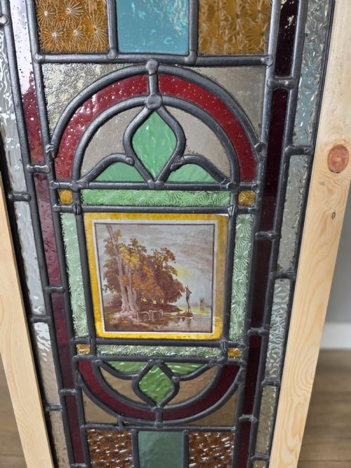 1900 ANTIQUE LEADED GLASS WINDOW WITH HAND PAINTED COUNTRYSIDE AND BOAT ON A LAKE SCENE - ADDITIONAL PHOTO 1