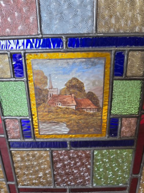 1900 ANTIQUE LEADED GLASS WINDOW WITH HAND PAINTED COUNTRYSIDE SCENE - ADDITIONAL PHOTO 1