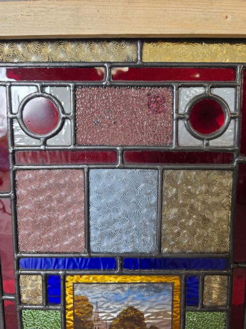 1900 ANTIQUE LEADED GLASS WINDOW WITH HAND PAINTED COUNTRYSIDE SCENE - ADDITIONAL PHOTO 3