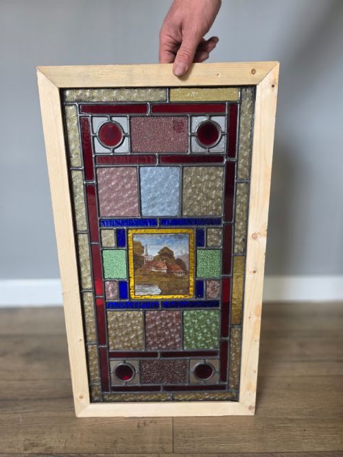 1900 ANTIQUE LEADED GLASS WINDOW WITH HAND PAINTED COUNTRYSIDE SCENE - ADDITIONAL PHOTO 5