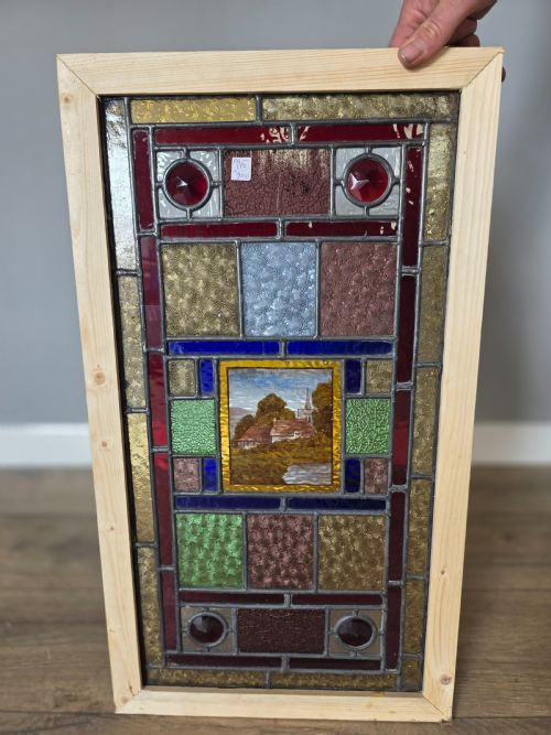 1900 ANTIQUE LEADED GLASS WINDOW WITH HAND PAINTED COUNTRYSIDE SCENE - ADDITIONAL PHOTO 6