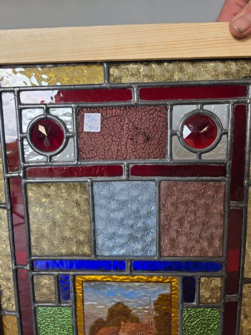 1900 ANTIQUE LEADED GLASS WINDOW WITH HAND PAINTED COUNTRYSIDE SCENE - ADDITIONAL PHOTO 7