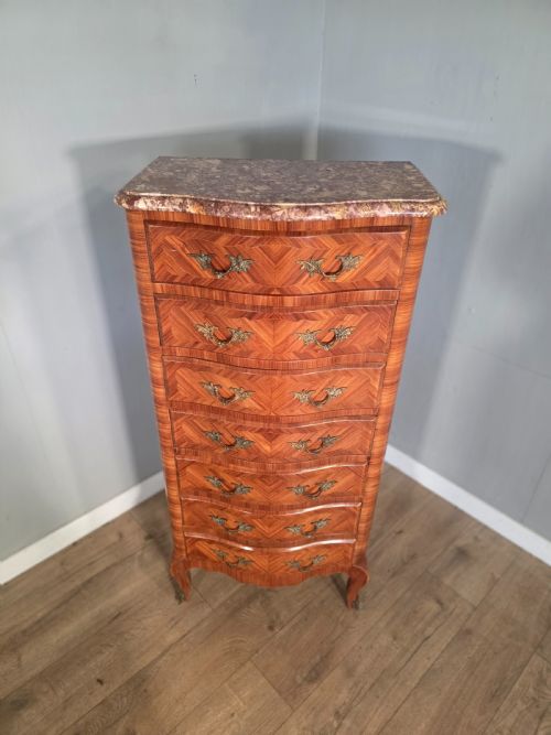 ANTIQUE FRENCH INLAID MARBLE TOP 7 DRAWER CHEST 1930S - ADDITIONAL PHOTO 4