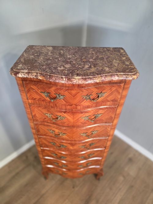ANTIQUE FRENCH INLAID MARBLE TOP 7 DRAWER CHEST 1930S - ADDITIONAL PHOTO 5