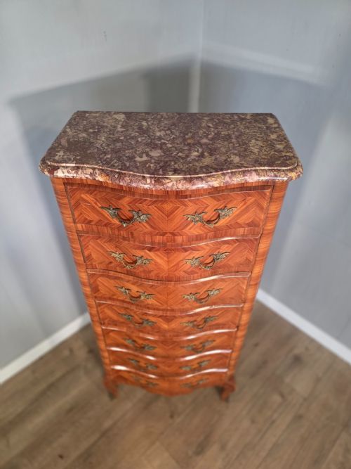 ANTIQUE FRENCH INLAID MARBLE TOP 7 DRAWER CHEST 1930S - ADDITIONAL PHOTO 6