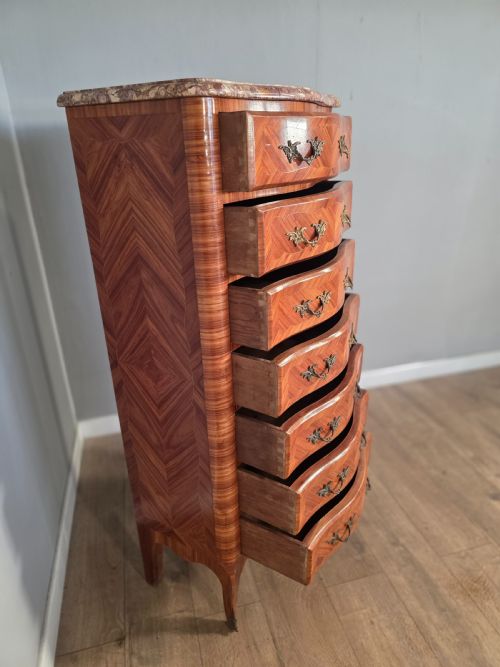 ANTIQUE FRENCH INLAID MARBLE TOP 7 DRAWER CHEST 1930S - ADDITIONAL PHOTO 8