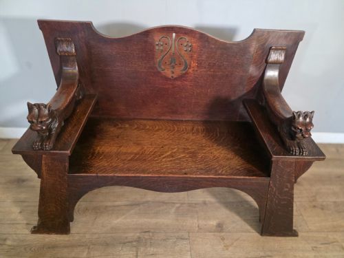 ANTIQUE SCOTTISH OAK ARTS CRAFTS BENCH FROM WYLIE LOCKHEAD MANUFACTURERS 1900S - ADDITIONAL PHOTO 7