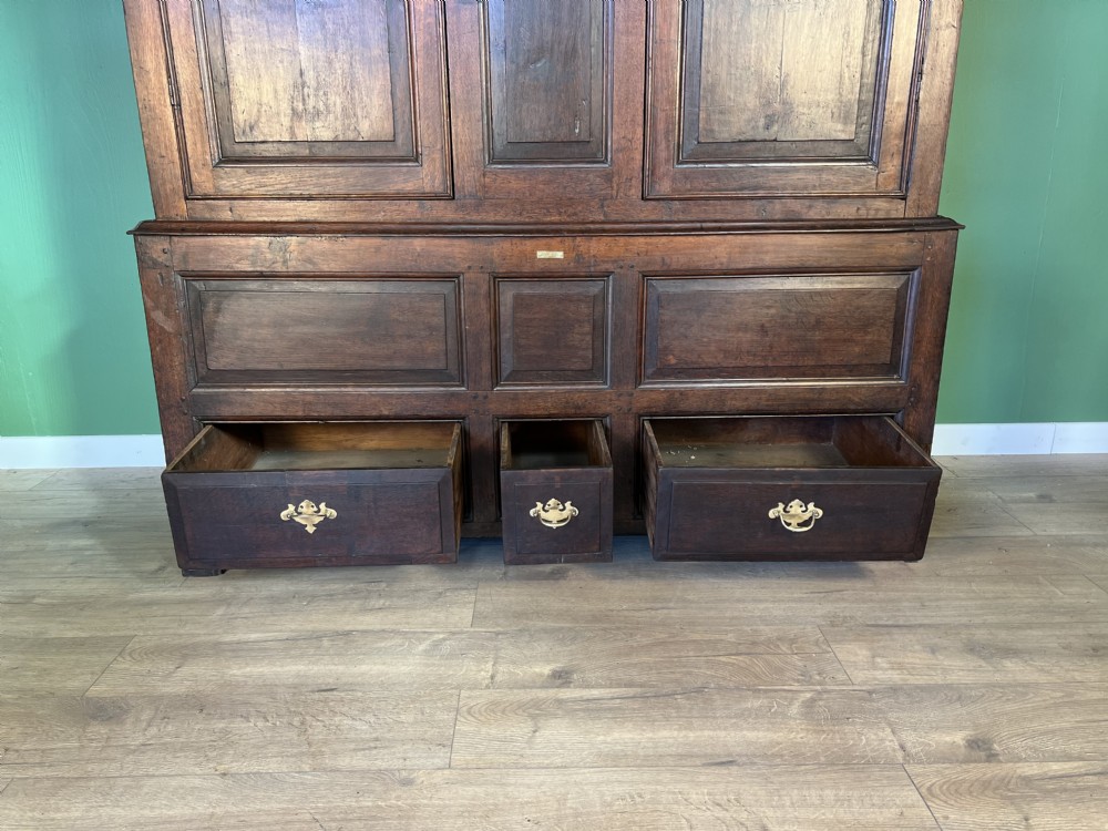 A mid-18th-century dark oak tack cupboard featuring arched panelled upper doors and a lower drawer section with brass handles. View V