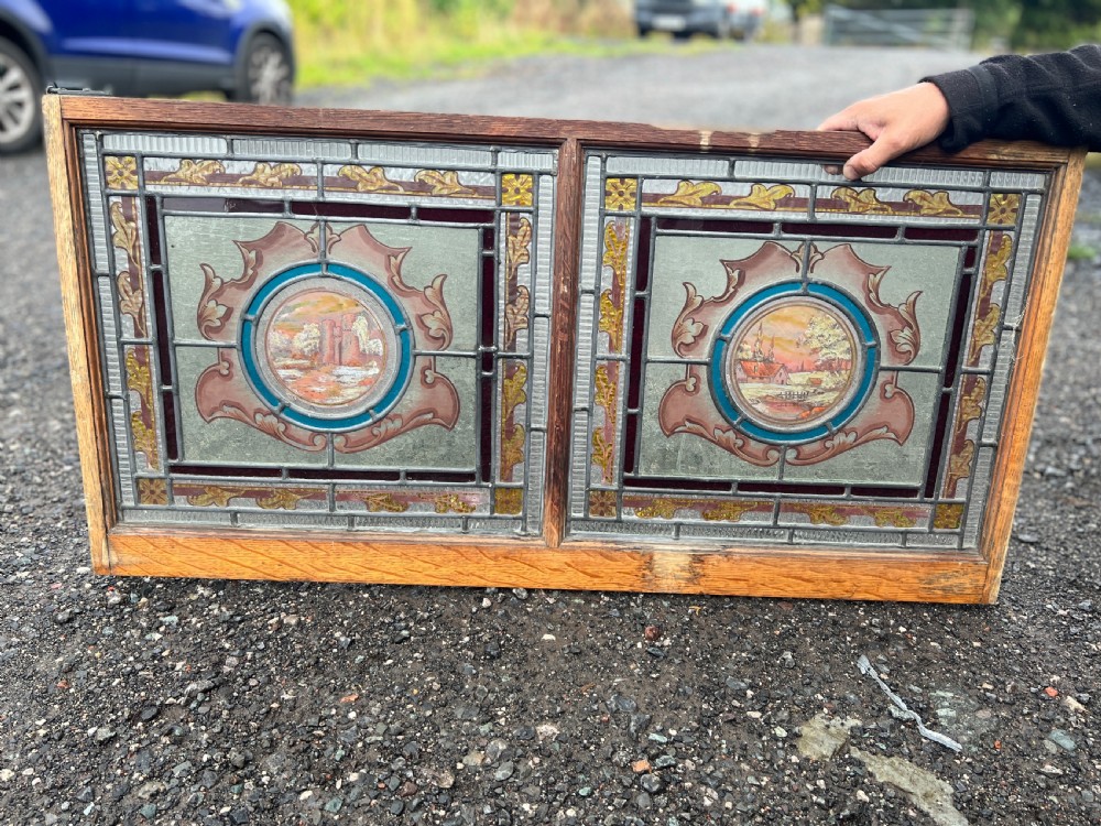 stained glass double window - painted scenes