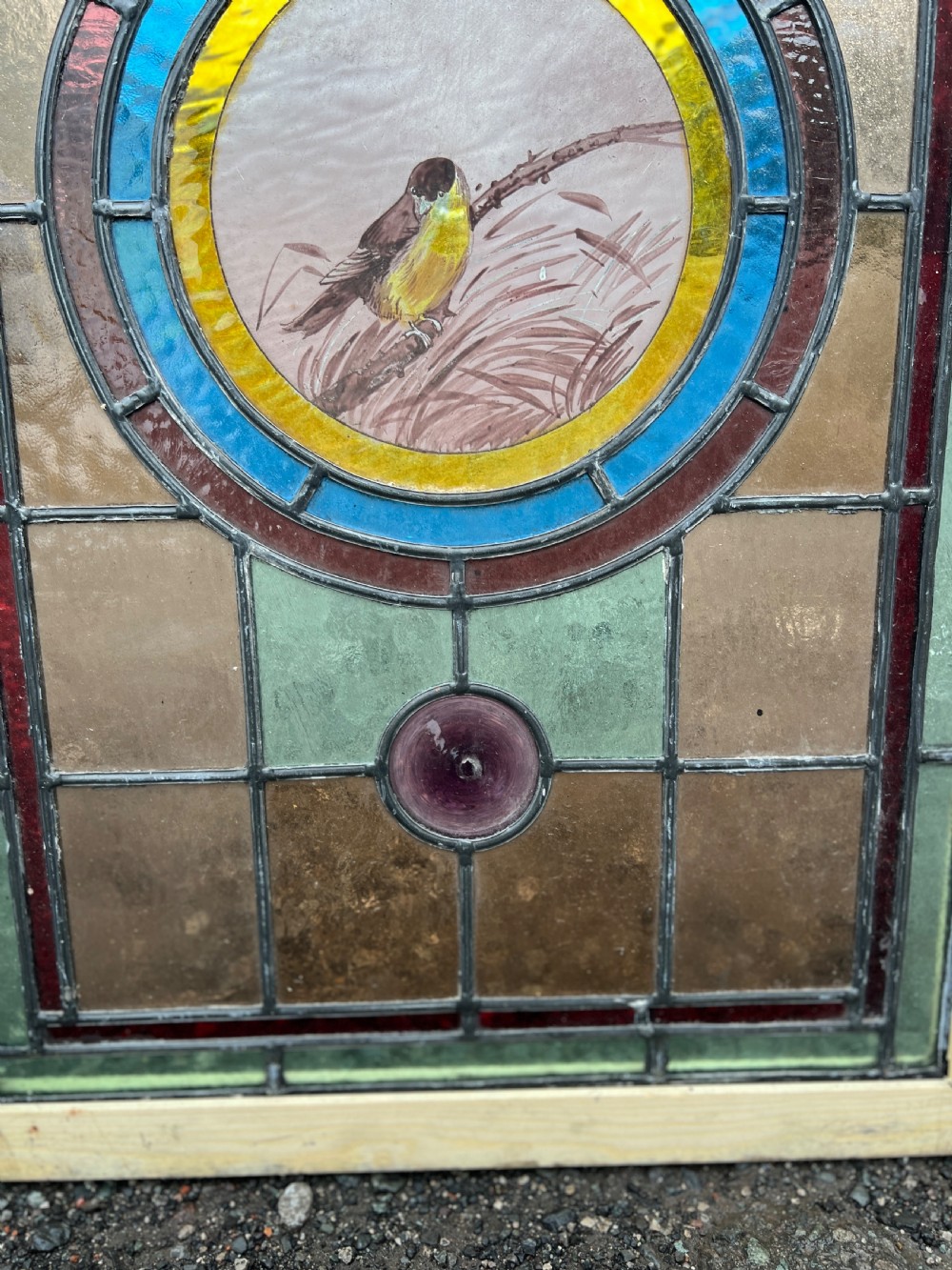A rectangular Victorian stained glass panel featuring a hand-painted central medallion of a bird surrounded by geometric glass borders and purple roundels, housed in a pine frame. View V