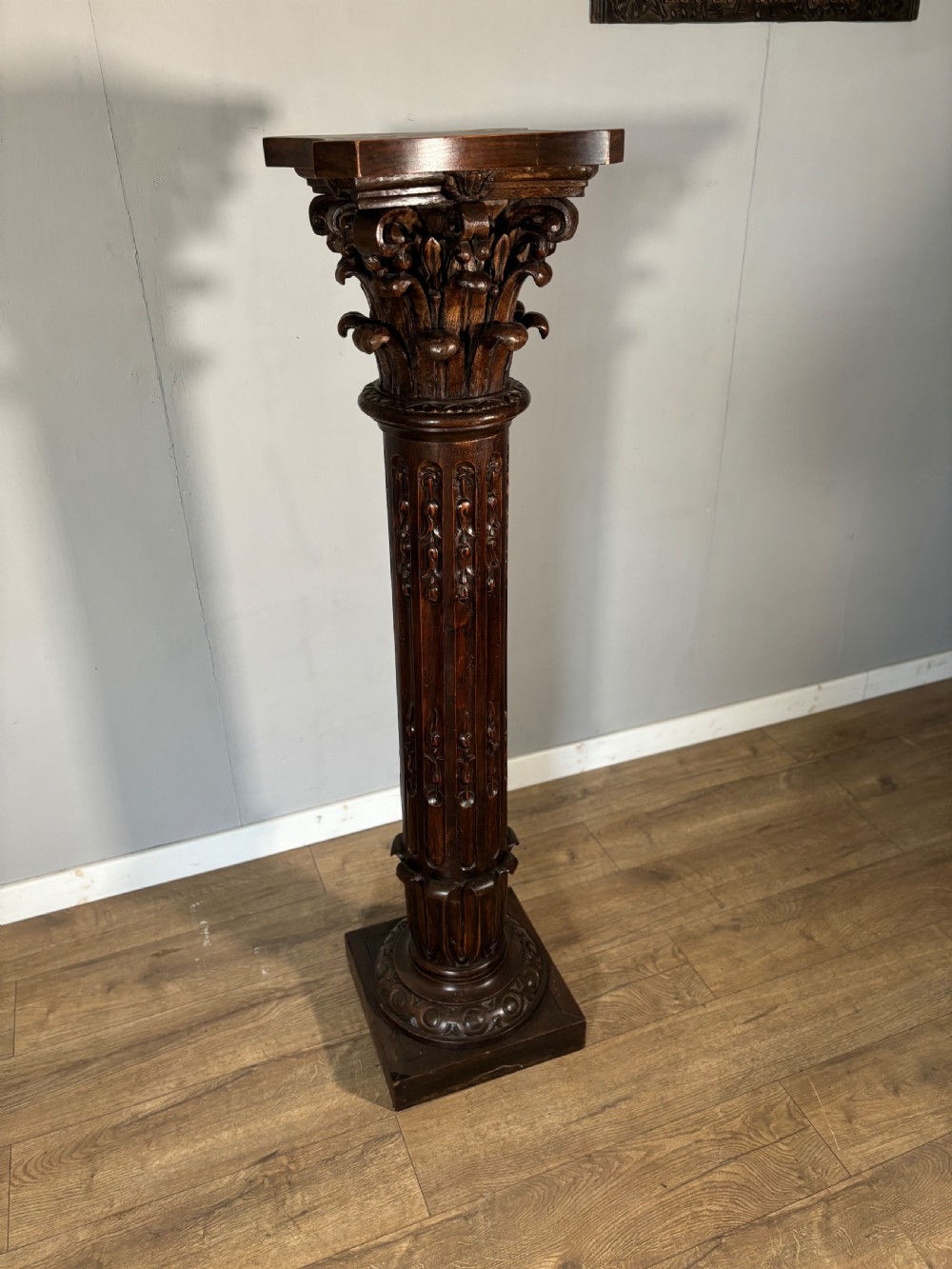 Large carved oak Victorian torchere  View II