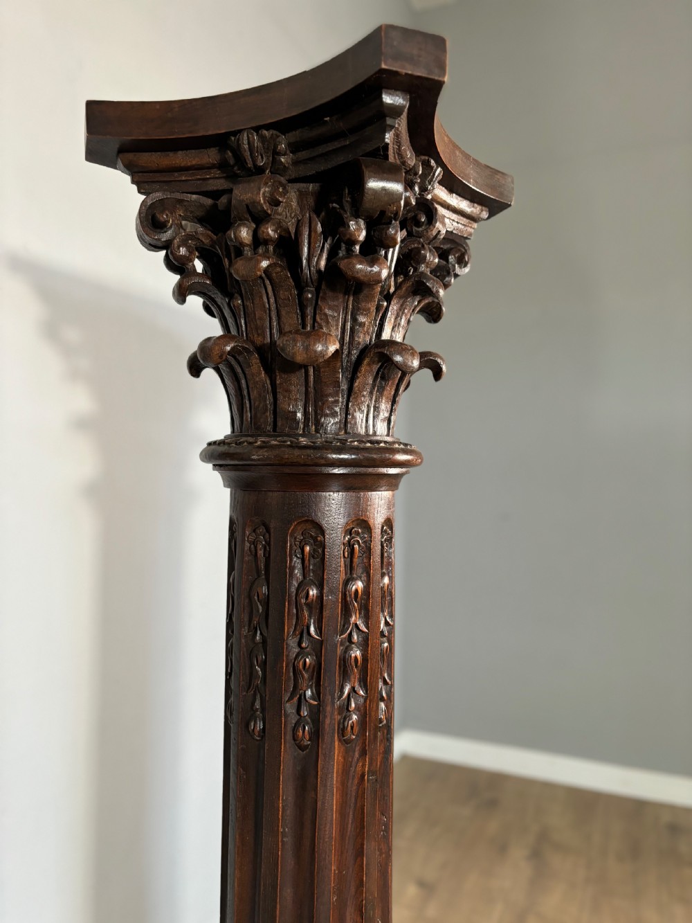 Large carved oak Victorian torchere  View III
